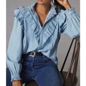 Anthropologie Love the Label Ruffle Yoke Chambray Denim Snap Front Shirt XS